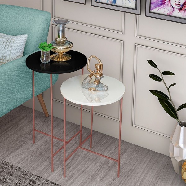 Encontraproduto.com.br - Conjunto Mesa Lateral Redonda Para Sala E Quarto Lírio Tampo Off White E Preto Base Rosê Gold Preto