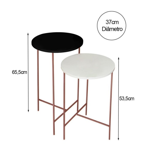 Encontraproduto.com.br - Conjunto Mesa Lateral Redonda Para Sala E Quarto Lírio Tampo Off White E Preto Base Rosê Gold Preto