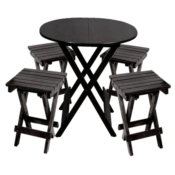 Encontraproduto.com.br - Jogo De Mesa Dobravel De Madeira 60cm Redondo Com 4 Banquinhos Dobraveis Preto - Preto
