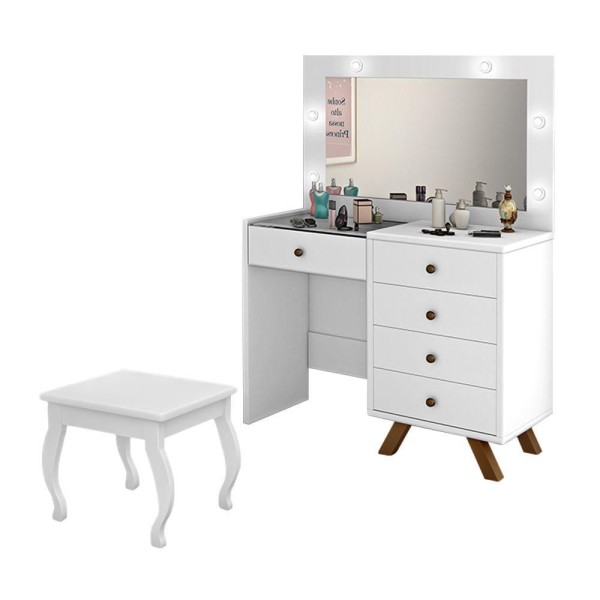 Encontraproduto.com.br - Penteadeira Premium Camarim Com Banqueta Espelho E Luzes Led Luna Branco - Cor: Branco