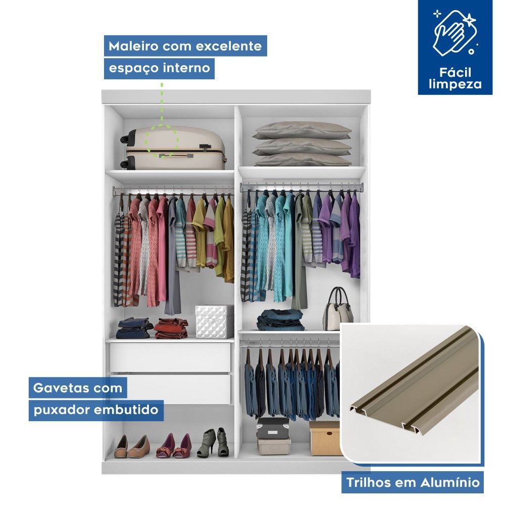 Encontraproduto.com.br - Guarda Roupa Solteiro 2 Portas De Correr 2 Gavetas E 3 Espelhos Salvador Plus Minastex Branco