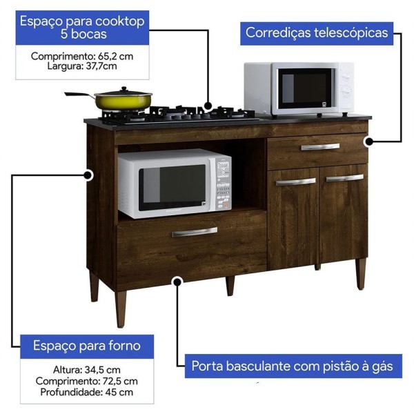 Encontraproduto.com.br - Balcão Para Cooktop 3 Portas 1 Gaveta Palace Kaiki Móveis Ipe