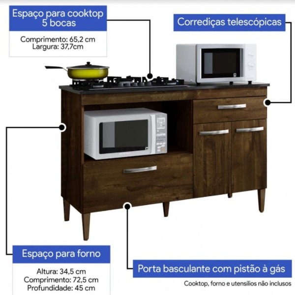 Encontraproduto.com.br - Balcão Para Cooktop 3 Portas 1 Gaveta Palace Kaiki Móveis Ipe