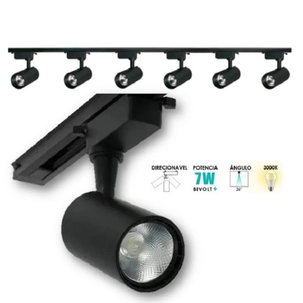 Encontraproduto.com.br - Trilho Eletrificado 2 Metros Preto Com 6 Spots Led 7w 3000k