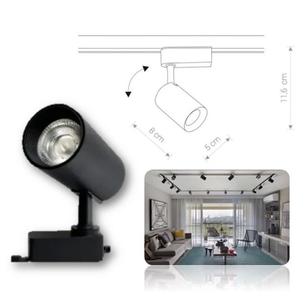 Encontraproduto.com.br - Trilho Eletrificado 2 Metros Preto Com 6 Spots Led 7w 3000k