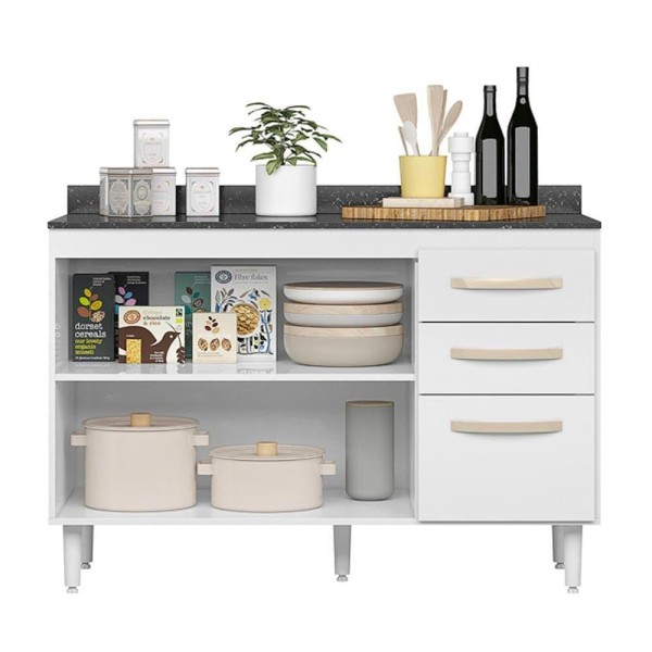 Encontraproduto.com.br - Balcão Para Cozinha 2 Portas E 3 Gavetas Com Tampo 118 Fit Branco - Nicioli