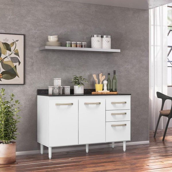 Encontraproduto.com.br - Balcão Para Cozinha 2 Portas E 3 Gavetas Com Tampo 118 Fit Branco - Nicioli