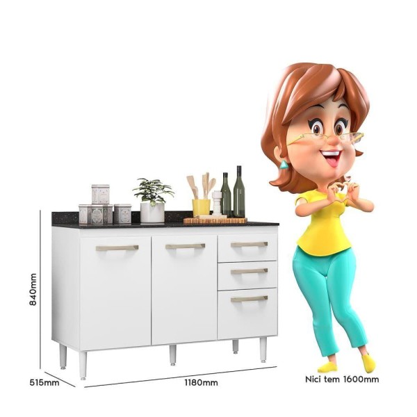 Encontraproduto.com.br - Balcão Para Cozinha 2 Portas E 3 Gavetas Com Tampo 118 Fit Branco - Nicioli