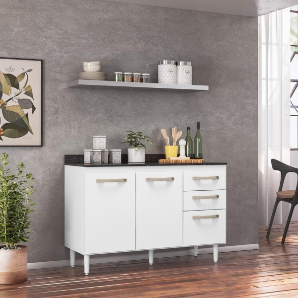Encontraproduto.com.br - Balcão Para Cozinha 2 Portas E 3 Gavetas Com Tampo 118 Fit Branco - Nicioli