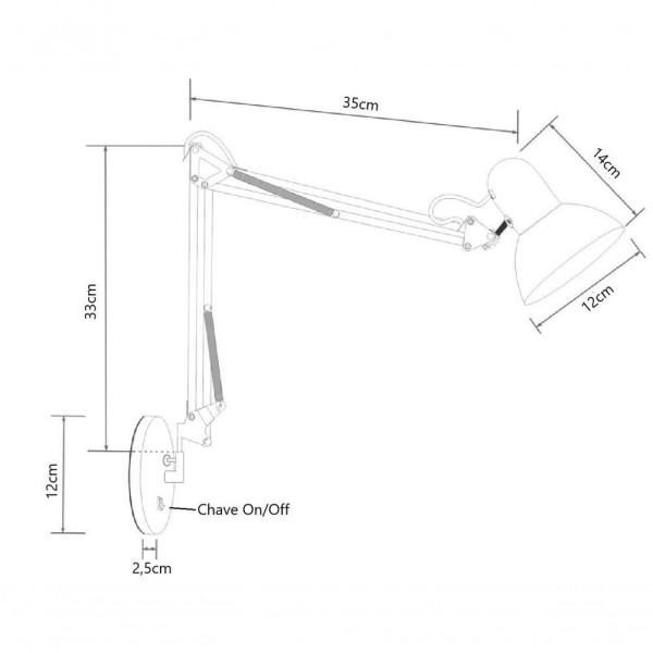 Encontraproduto.com.br - Kit 2 Luminárias De Parede Articulável Preta C Tecla On/off