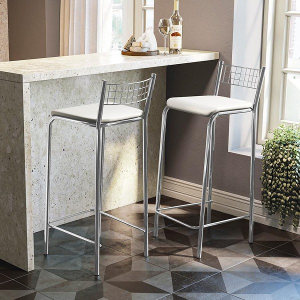 Encontraproduto.com.br - Conjunto com 2 Banquetas Gênova Corino Branco e Cromado