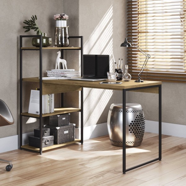 Mesa de Escritório com Estante 3 Prateleiras 136cm Industrial Freijó/Preto Fosco
