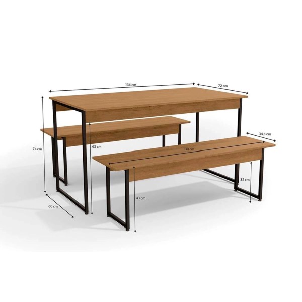 Encontraproduto.com.br - Mesa de Jantar com 2 Bancos LI013 136cm industrial Freijó/Preto Fosco
