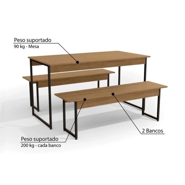 Encontraproduto.com.br - Mesa de Jantar com 2 Bancos LI013 136cm industrial Freijó/Preto Fosco