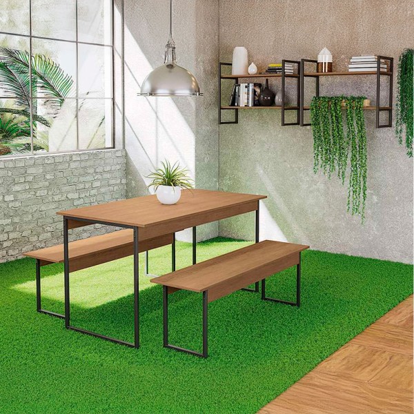 Encontraproduto.com.br - Mesa de Jantar com 2 Bancos LI013 136cm industrial Freijó/Preto Fosco