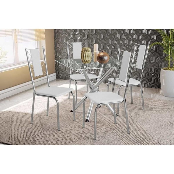Encontraproduto.com.br - Sala De Jantar Completa Volga Com Tampo De Vidro 90cm E 4 Cadeiras Lisboa Cromada - Branco - Kappesberg