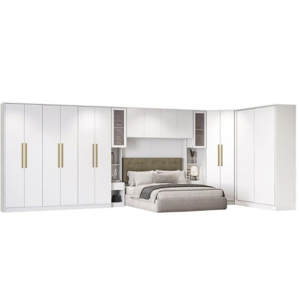 Encontraproduto.com.br - Guarda Roupa Closet De Quarto Adapt 9 Peças ( 3 Armários + 1 Ponte Aéreo + 1 De Canto Obliquo + 4 Complementos) Qcm129 Branco