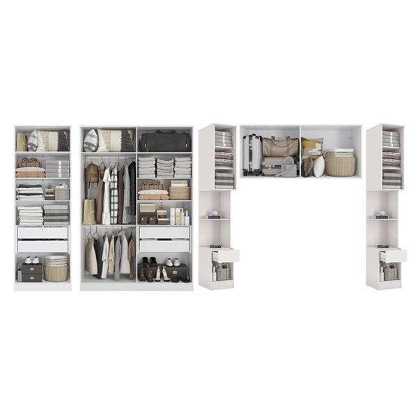Encontraproduto.com.br - Guarda Roupa Closet De Quarto Adapt 9 Peças ( 3 Armários + 1 Ponte Aéreo + 1 De Canto Obliquo + 4 Complementos) Qcm129 Branco