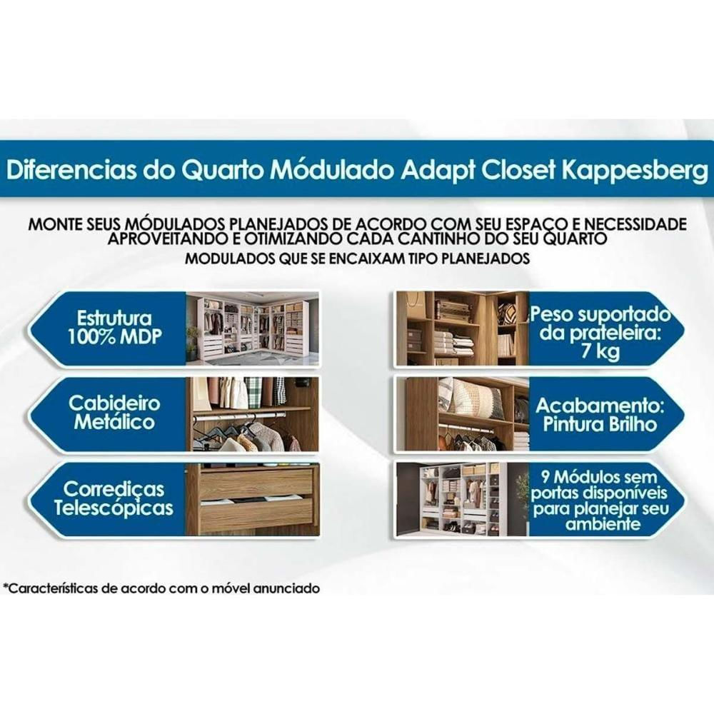 Encontraproduto.com.br - Quarto Casal Modulado Adapt 10 Peças Quarto (7 Armários + 1 Ponte Aéreo + 2 Complementos) Qcm135 Branco - Kappesberg