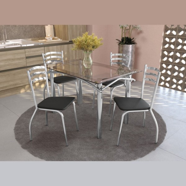 Encontraproduto.com.br - Conjunto Sala de Jantar Kappesberg Crome Tampo de Vidro 4 Cadeiras Cromado Preto
