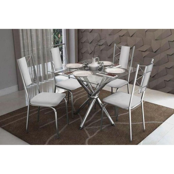 Kit Mesa Volga C- Tampo de Vidro 90cm + 4 Cadeiras Lisboa Cromada Branco