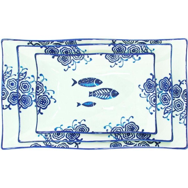 Encontraproduto.com.br - Jogo Petisqueiras Bandeja Peixe 6pçs Travessas Bowl Oceano