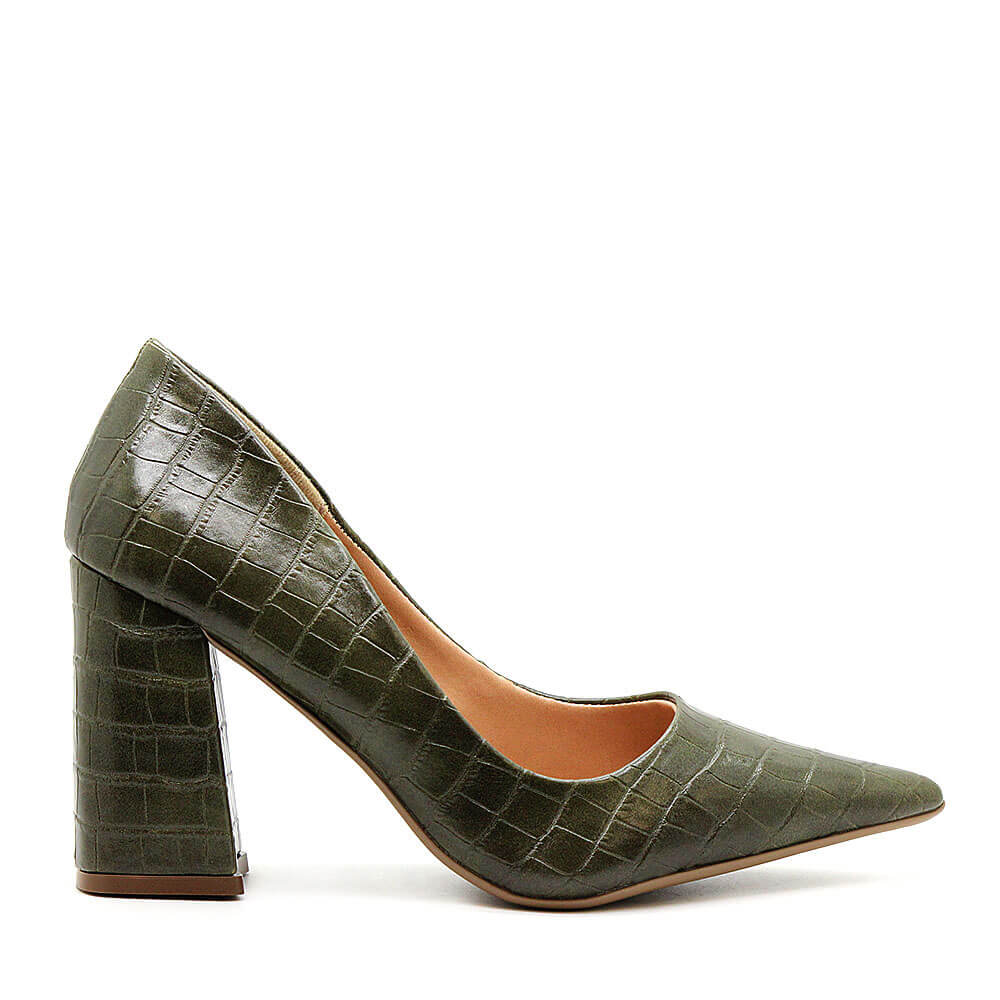 Scarpin Royalz Croco Salto Grosso Penélope Verde Militar