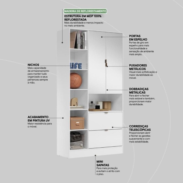 Encontraproduto.com.br - Armário Multiuso Joy 2 Portas Branco Com Espelho - Demóbile Branco