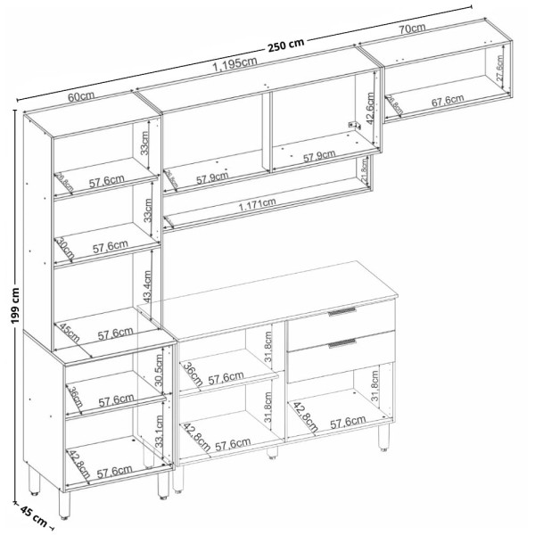 Encontraproduto.com.br - Cozinha Modulada 4 Peças com Tampo e Vidro Alba Demobile