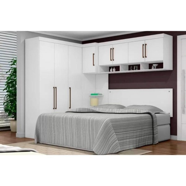 Encontraproduto.com.br - Quarto Casal Modulado Modena Iii 5 Peças (1 Armário Aéreo + 2 Guarda Roupas + 2 Complementos) Branco