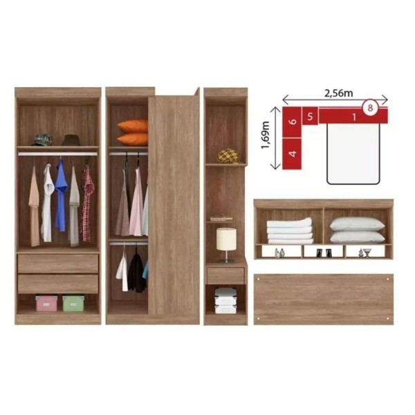 Encontraproduto.com.br - Quarto Casal Modulado Modena Iii 5 Peças (1 Armário Aéreo + 2 Guarda Roupas + 2 Complementos) Branco