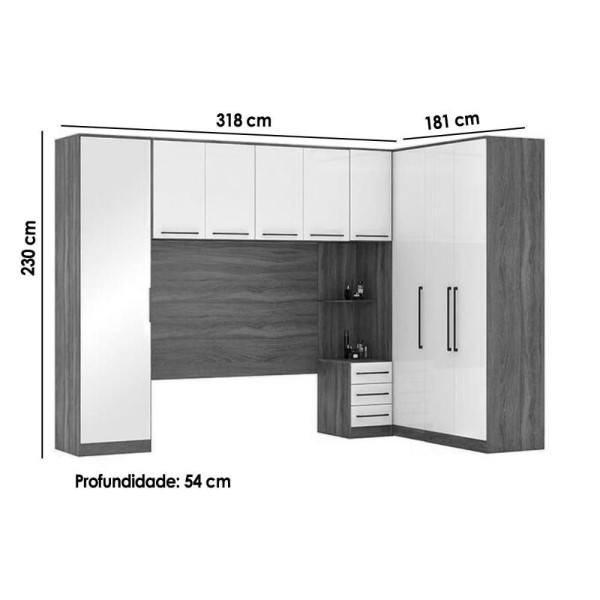 Encontraproduto.com.br - Quarto Casal Modulado Irlanda 6 Peças (3 Armários + 1 Ponte Aérea + 2 Complementos) Qcm163 Amendola-branco - Demóbile
