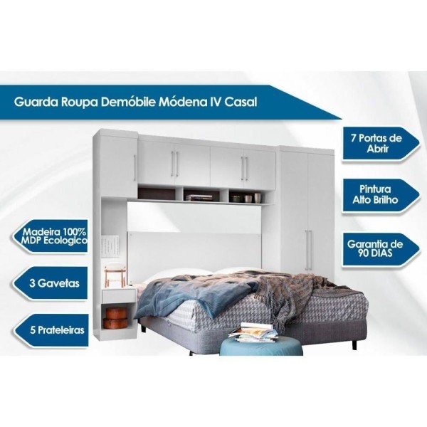 Encontraproduto.com.br - Quarto Demóbile Iv 4 Peças (1 Armário Aéreo + 1 Guarda Roupa + 2 Complementos) Qcm58 Amendola-branco