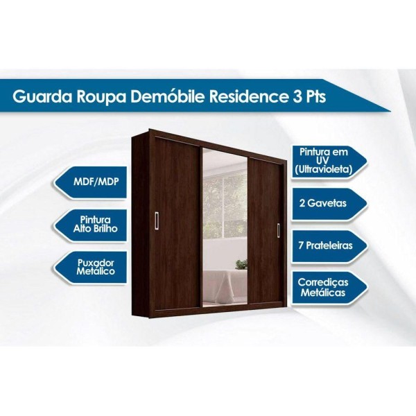 Encontraproduto.com.br - Guarda Roupas 3 Portas De Correr E 2 Gavetas C/ Espelho Residence Amêndola/Off White - Demóbile