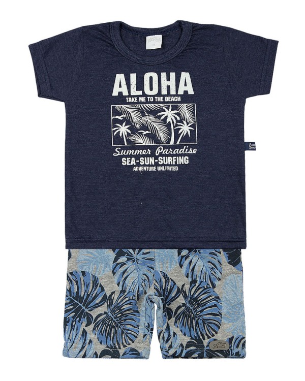 Conjunto Bebê Malha Deep Mescla e Moletinho Aloha - Marinho