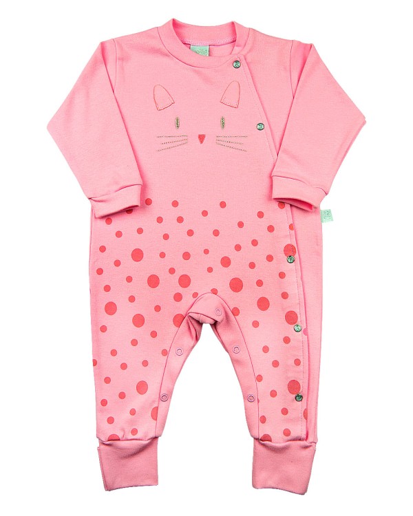 Encontraproduto.com.br - Macacão Bebê Suedine Gatinho com Bolinhas - Rosa