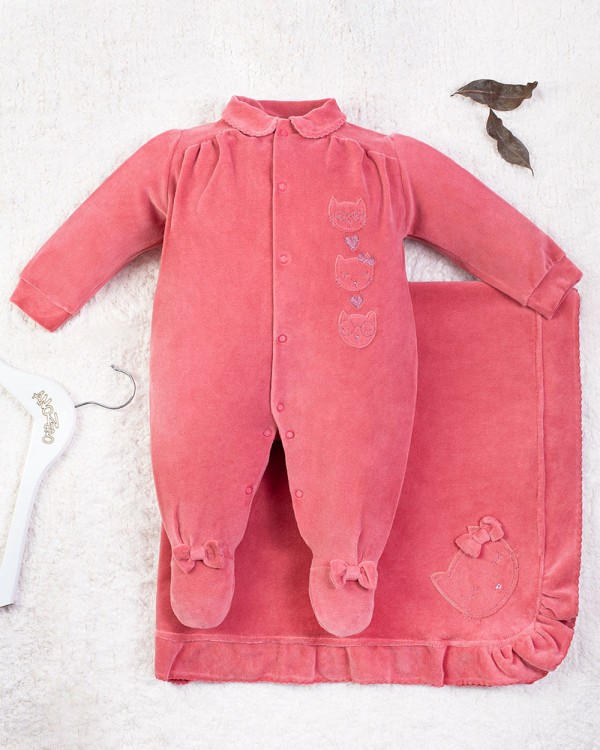 Saída Maternidade Menina Plush Bordado Gatinhas - Marrom