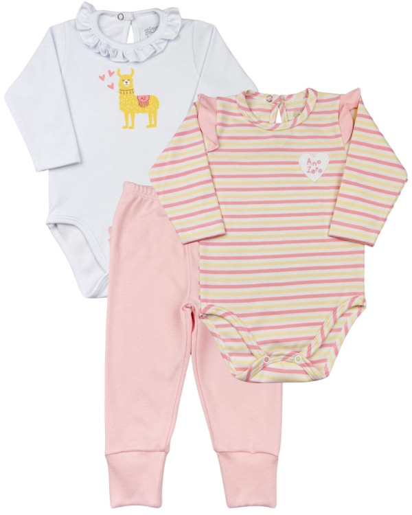 Kit Body e Culote Bebê Liso e Listrado Lhama - Amarelo