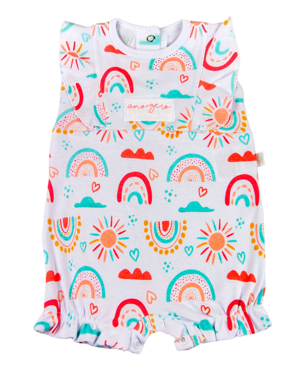 Macacão Curto Bebê Suedine Estampado Sol e Arco Íris - Branco