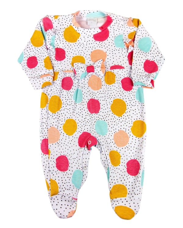 Encontraproduto.com.br - Macacão Bebê Suedine Longo Estampado com Lacinho Bolinhas - Branco