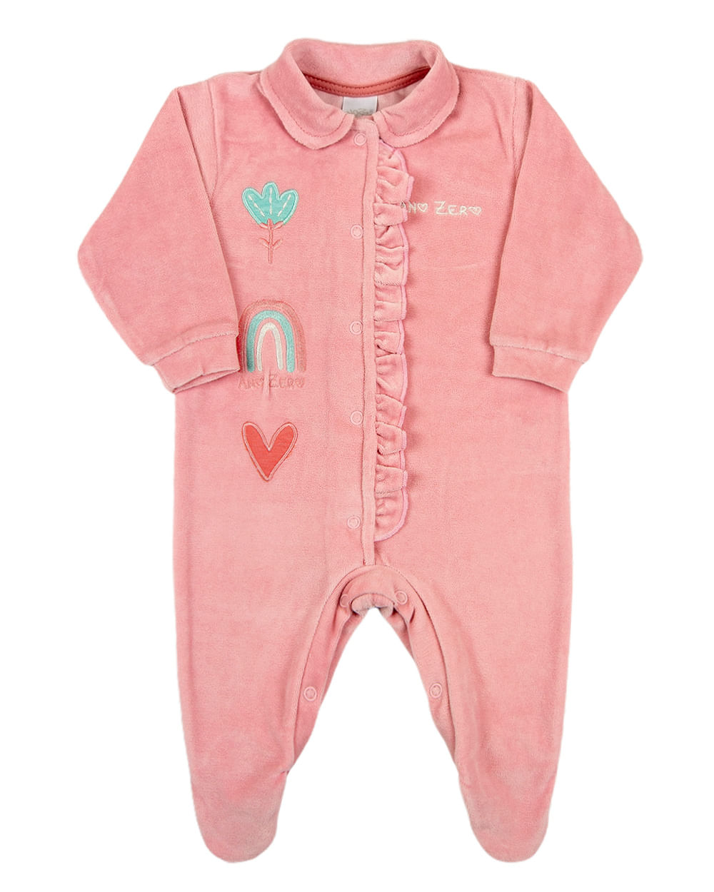 Macacao Bebe Plush Menina Bordado Flor e Arco Íris - Salmão