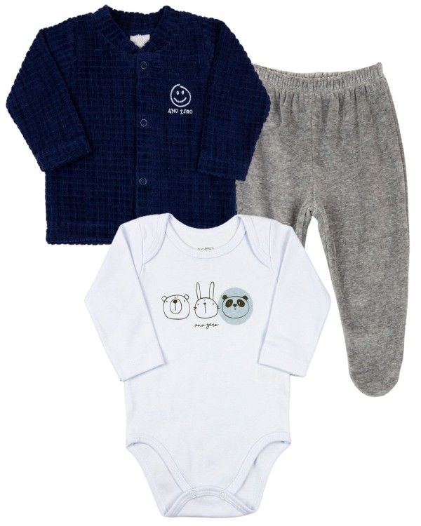 Encontraproduto.com.br - Conjunto Bebê Inverno Casaco Plush Trabalhado Calça Plush e Body Suedine Silk Screen 3 Bichinhos - Marinho