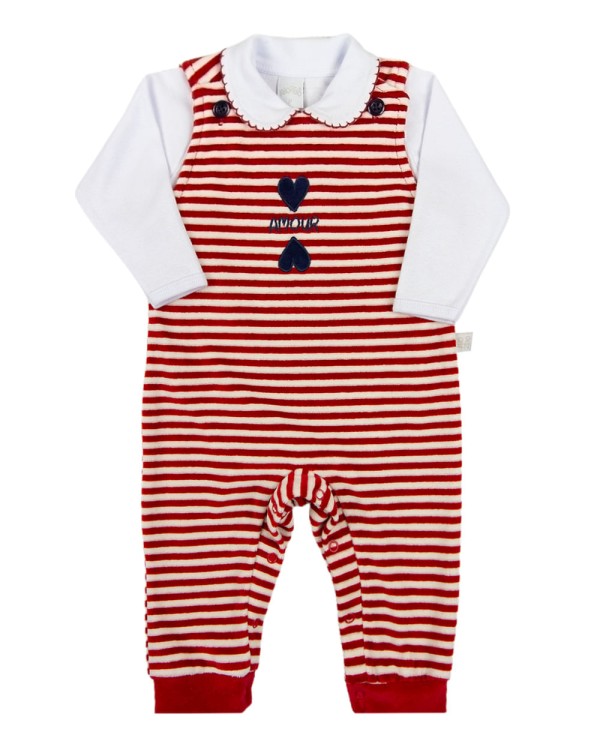 Macacao Bebe Menina Salopete Plush Listrado Jalika e Body Suedine Liso Bordado Corações - Vermelho