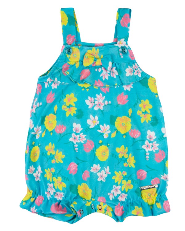 Macacão Bebê Menina Verão Sem Mangas Microfibra Estampada Floral - Turquesa