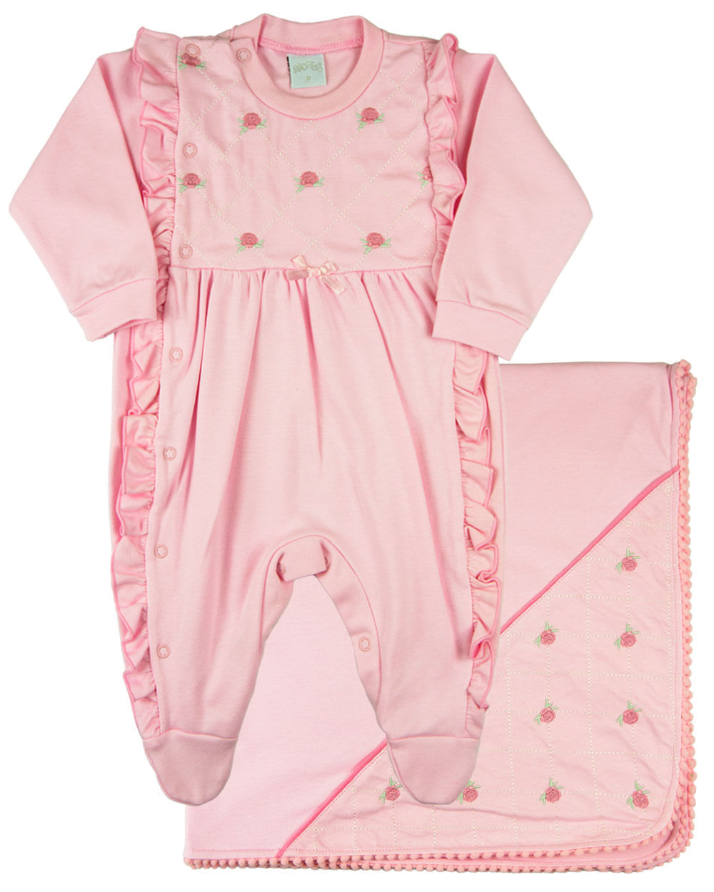 Encontraproduto.com.br - Saída Maternidade Menina Suedine Algodão Verão Bordada Rosas e Manta com Pompom - Rosa