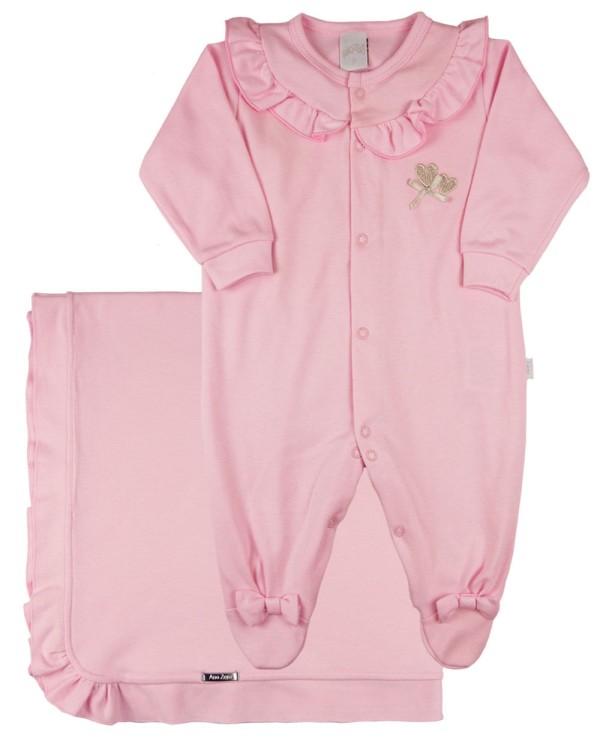 Encontraproduto.com.br - Saída Maternidade Menina Suedine Algodão Verão Bordada 2 Corações - Rosa
