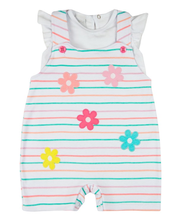 Encontraproduto.com.br - Macacão Bebê Menina Verão Salopete Suedine Estampado com Bordados Aplicados de Flores - Laranja
