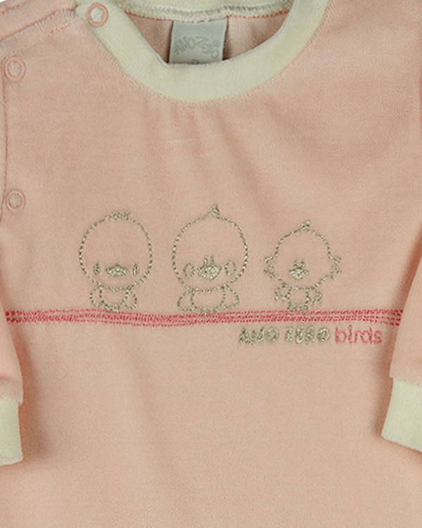 Encontraproduto.com.br - Macacao Bebe Menina Plush com Pezinho Bordado 3 Passaros - Salmão
