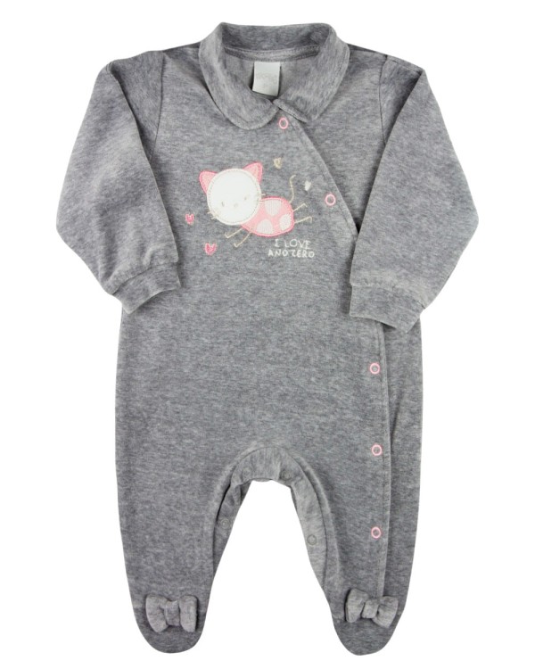 Macacao Bebe Menina Plush com Pezinho Bordado Gatinha - Mescla