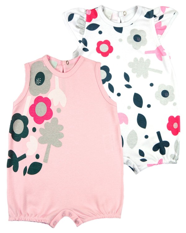 Encontraproduto.com.br - Macacao Bebe Menina Suedine Liso e Estampado Kit Macacao Body Sem Manga Menina Floral 2 Pecas - Rosa